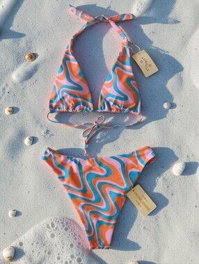 New Aurielle Pink Orange Blue Vibrant Swirl Bikini Set